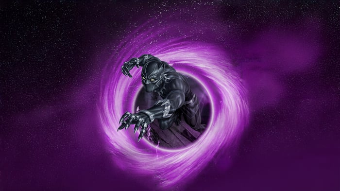 Black Panther emerging from a purple portal