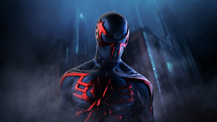 Spider-Man 2099 in a dark, foggy environment