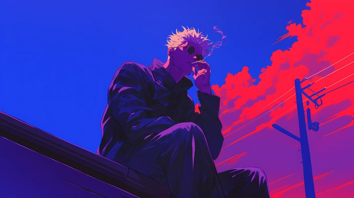 Satoru Gojo Smoking Against a Dramatic Sky