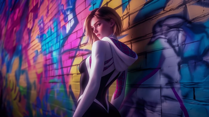 Gwen Stacy in a Spider-Gwen suit by a graffiti wall