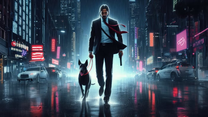 John Wick walks with his dog in a rainy city