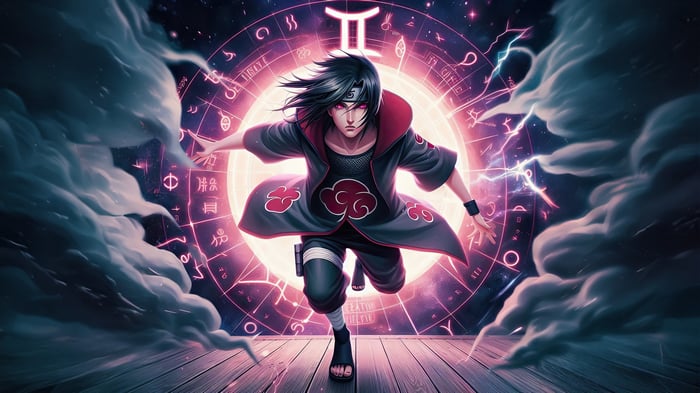Itachi Uchiha in front of a Gemini zodiac wheel