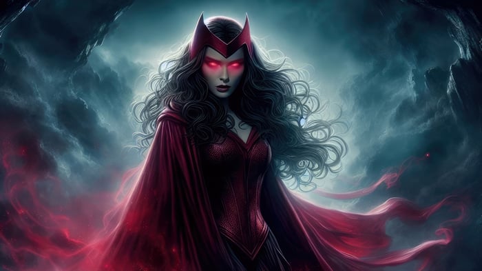 Scarlet Witch with glowing red eyes and red cape