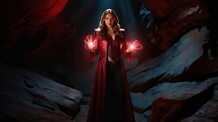 Scarlet Witch in a cave with glowing hands