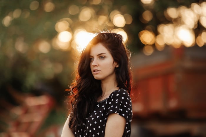 Beautiful Girl In Polka Dress Outdoors