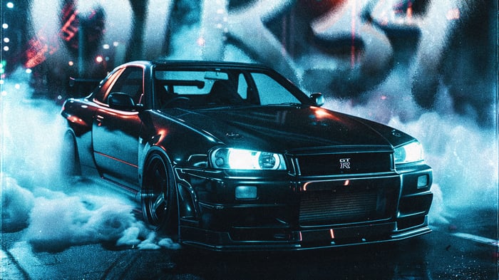 Nissan GTR R34 drifting in smoke