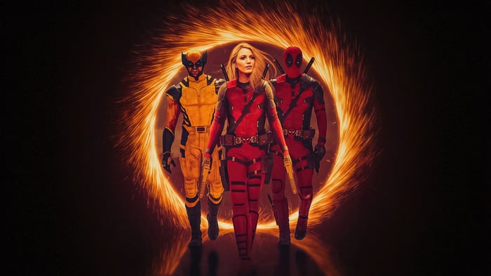 Deadpool, Wolverine, and Lady Deadpool in front of a portal