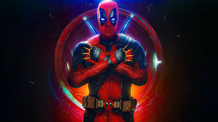 Deadpool with glowing eyes and swords