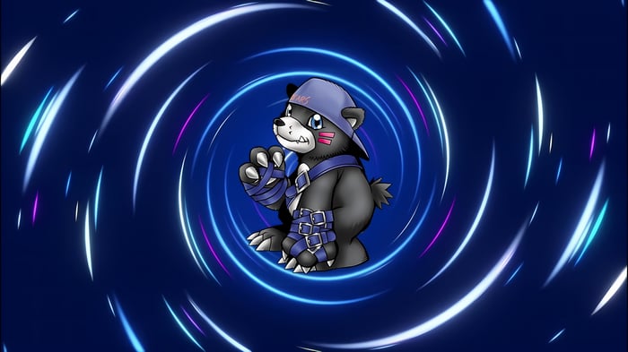 Bearmon Digimon with Blue Swirling Background