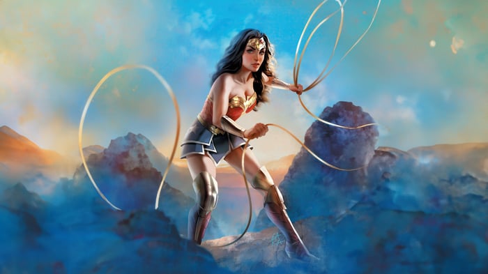 Wonder Woman with Lasso in a Mountainous Landscape