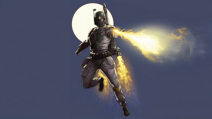 Boba Fett Firing Flamethrower with Moon Behind