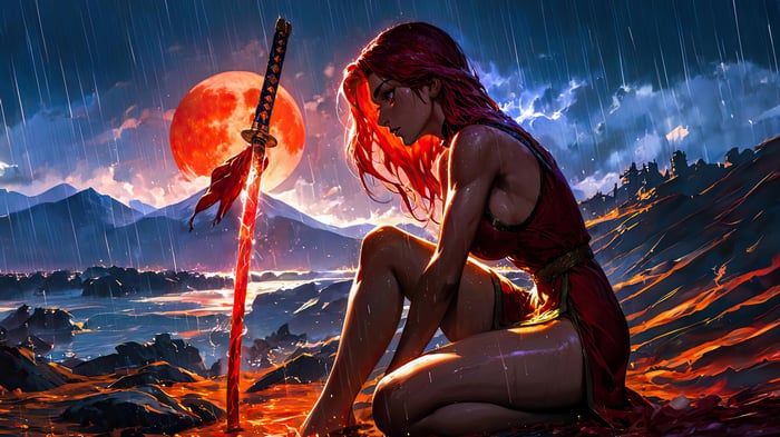 Warrior in Rain with Glowing Sword