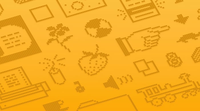 Pixelated icons on an orange background