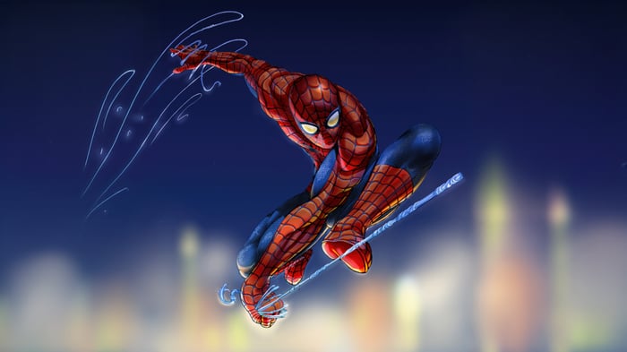 Spiderman swinging through the night sky