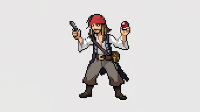 8 Bit Jack Sparrow holding a gun and a pokeball