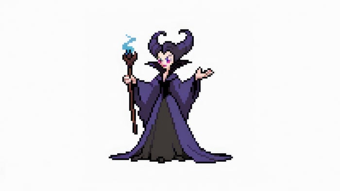 Maleficent holding a staff with blue flames