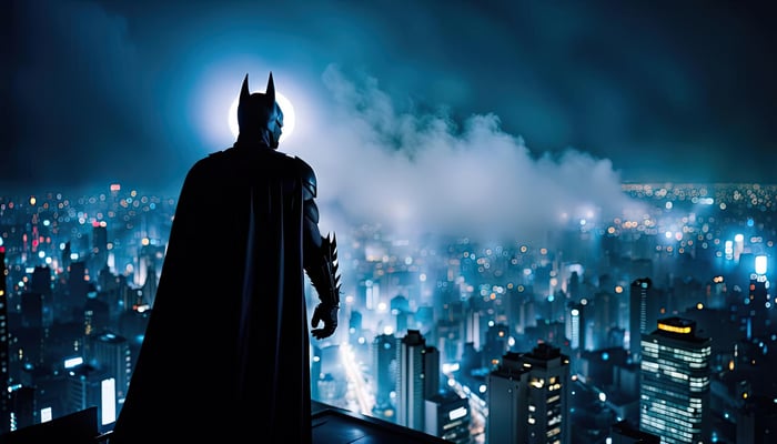 Batman watches over a city at night