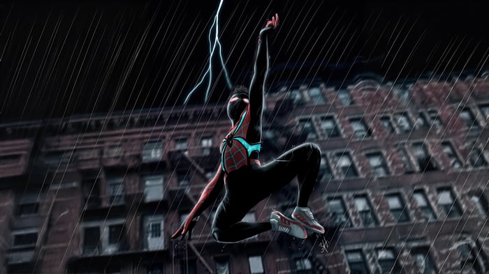 Spider-Man swinging through the rain with lightning