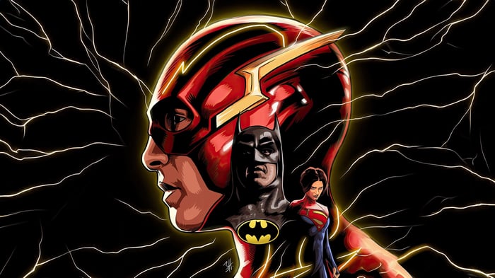 The Flash, Batman, and Supergirl in a stylized illustration