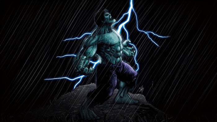 Hulk roaring amidst lightning and rain