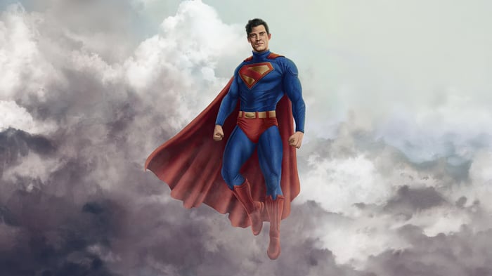 Superman flying through clouds