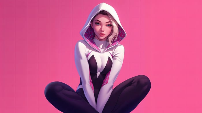 Gwen Stacy as Spider-Gwen in a white and pink suit