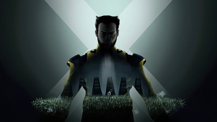 Wolverine in a dark, futuristic suit with grass islands