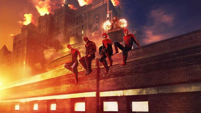 Spider-Man, Daredevil, and Doctor Strange on a rooftop