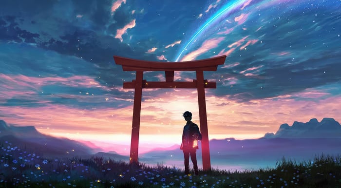 Man with lantern under torii gate at sunset