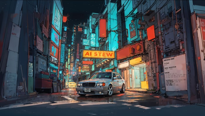 Mercedes W124 in a neon-lit city street at night