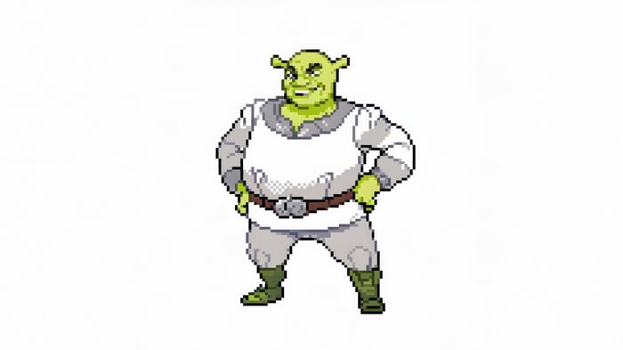 Pixel art of Shrek standing with hands on hips
