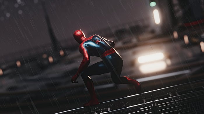 Spider-Man running on a railing in the rain