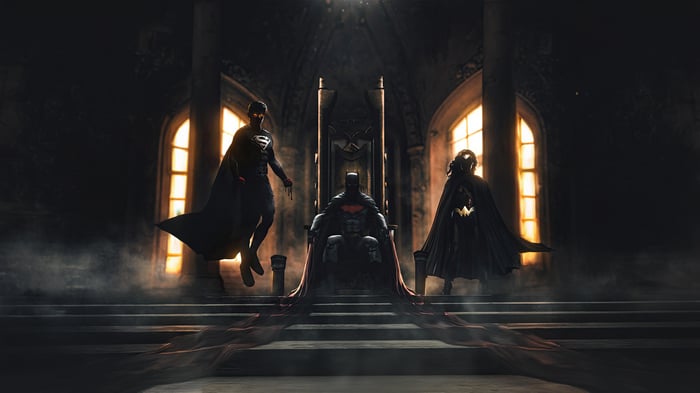 Justice League in a dark throne room