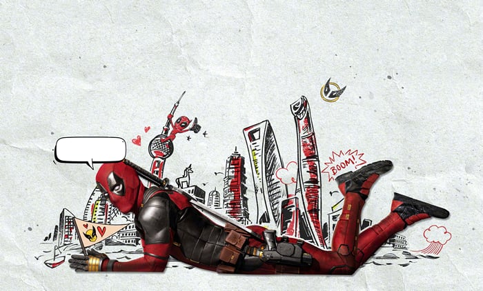 Deadpool and Wolverine in a sketched city
