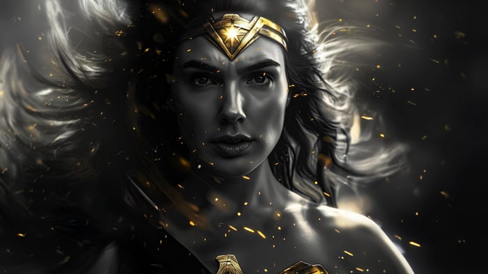Wonder Woman in a dramatic, golden-lit portrait