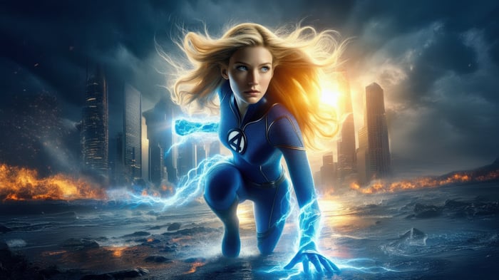 Sue Storm as Invisible Woman in a Cityscape