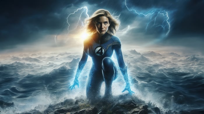 Sue Storm in Fantastic Four costume amidst a storm