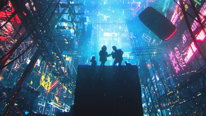 Silhouettes of people and a cat on a platform in a futuristic city