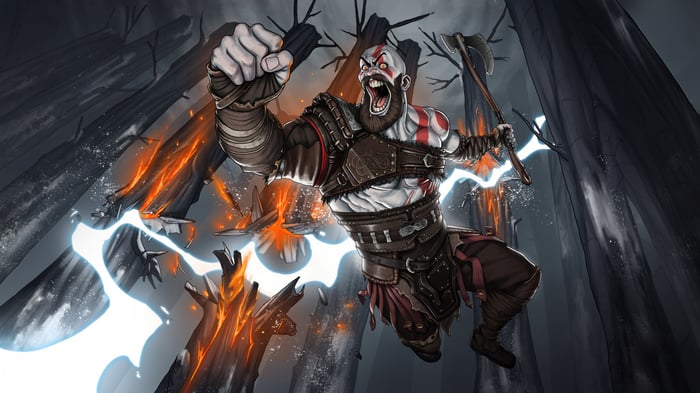 Kratos in a forest with lightning and fire