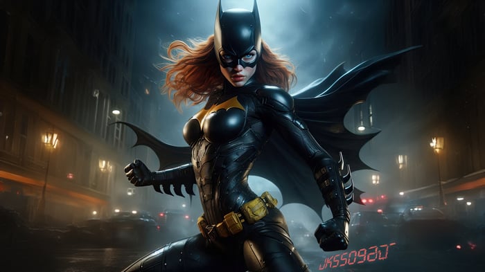 Batgirl in a dark city street
