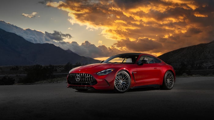 Red Mercedes-AMG GT 63 Coupe in a Mountainous Landscape