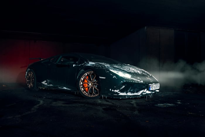 Green Lamborghini Huracan covered in snow