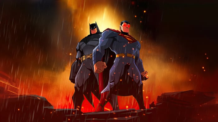 Batman and Superman in a fiery rain