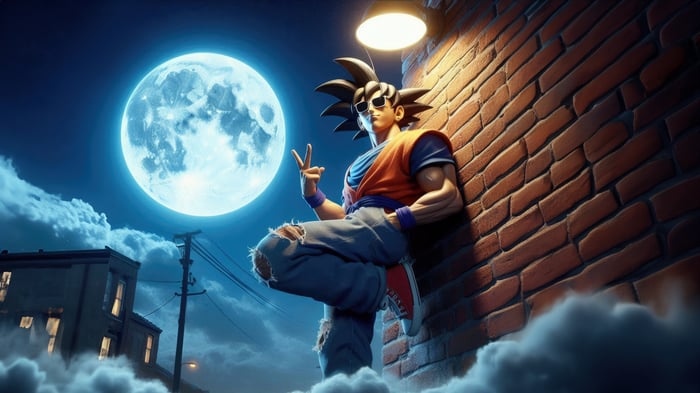 Goku leaning against a brick wall under a full moon