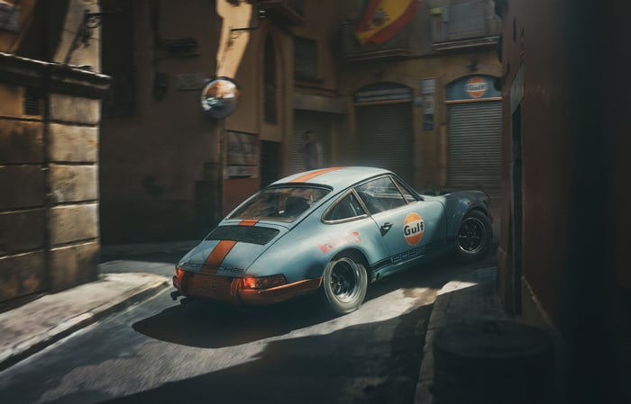 Porsche 911 Gulf racing car in narrow street