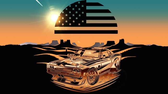 American Muscle Car in Desert Landscape with US Flag Sun