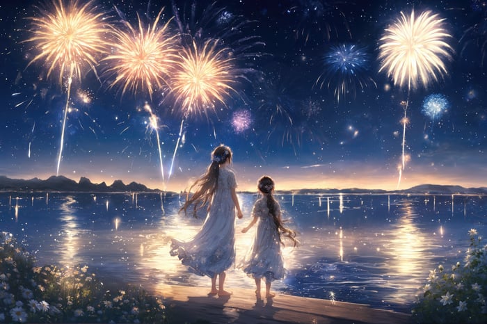 Two girls watching fireworks over the water