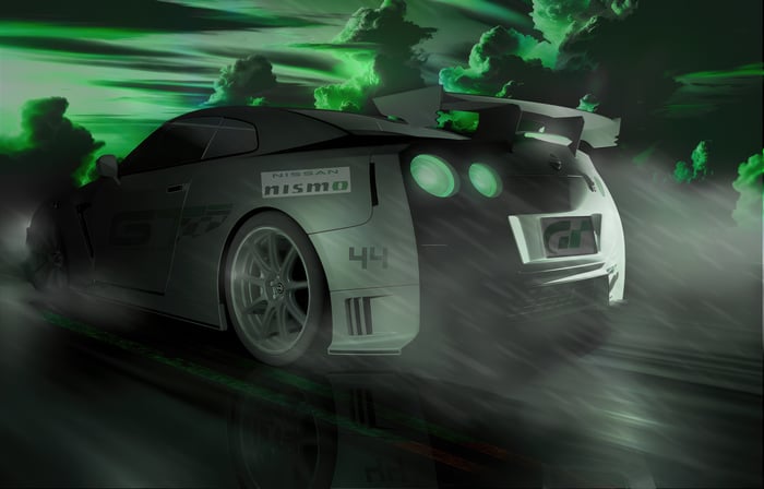 Nissan Skyline Nismo II car in green clouds