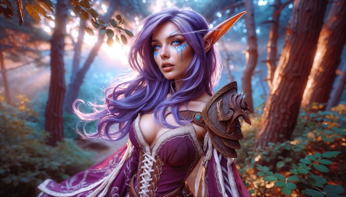 Elf girl with purple hair in a forest