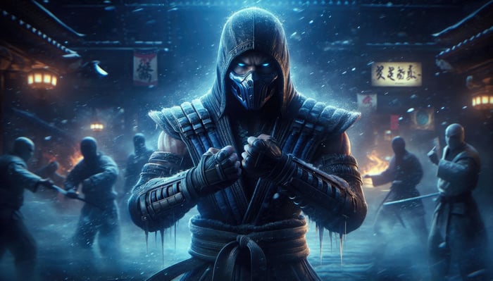 Sub Zero in a snowy arena with ninjas